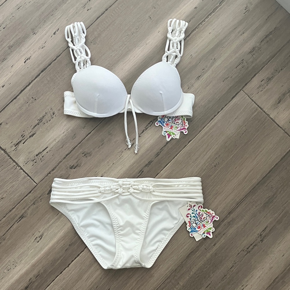BECCA Swim White Macrame Beaded Knot Underwire Bikini Set S